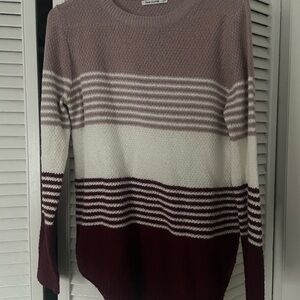 Pink Clover Women's Striped Sweater - Mauve, White, and Burgundy